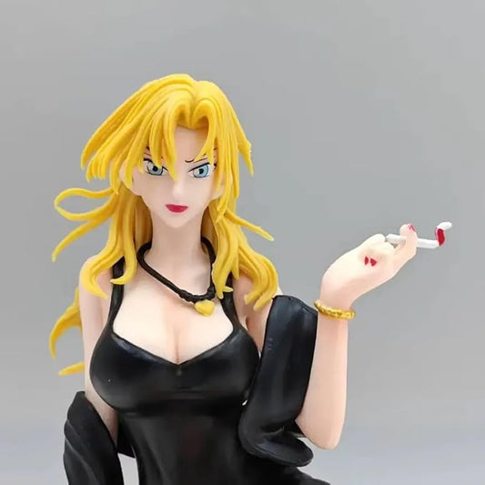 Blonde Anime Girl Figure – 11cm PVC Seated Female Anime Collectible with Black Outfit