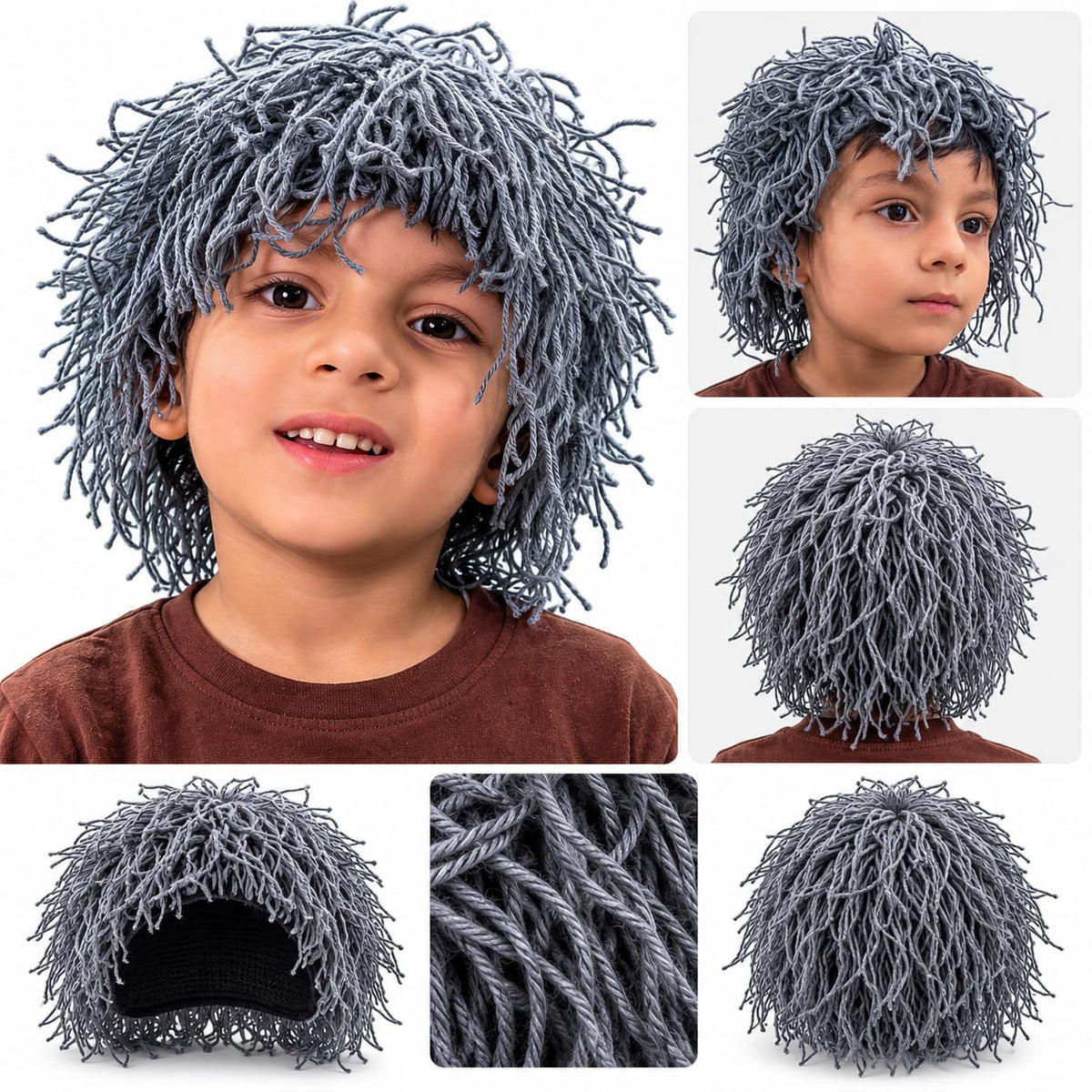 Grey toddler woollen knitted cosplay wig front and back view