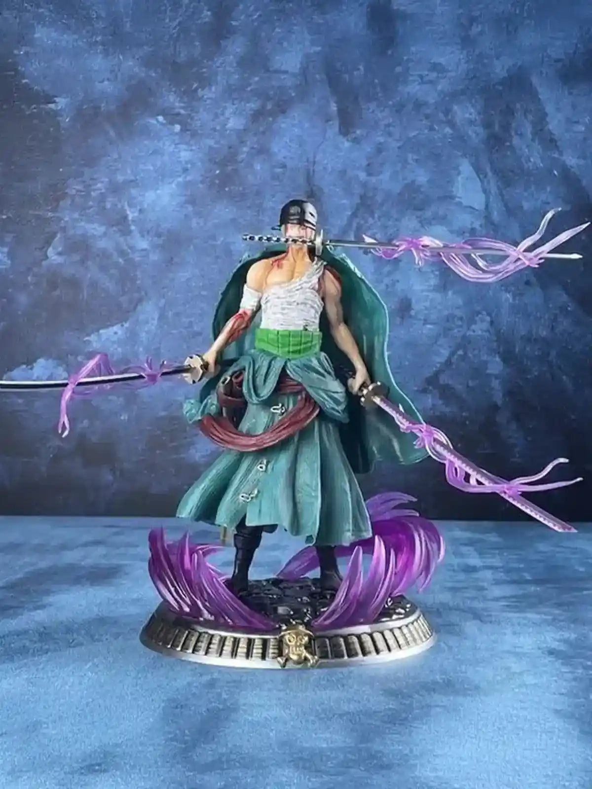 One Piece Roronoa Zoro Three-Sword Style Figure – Dynamic Battle Statue with Purple Effects