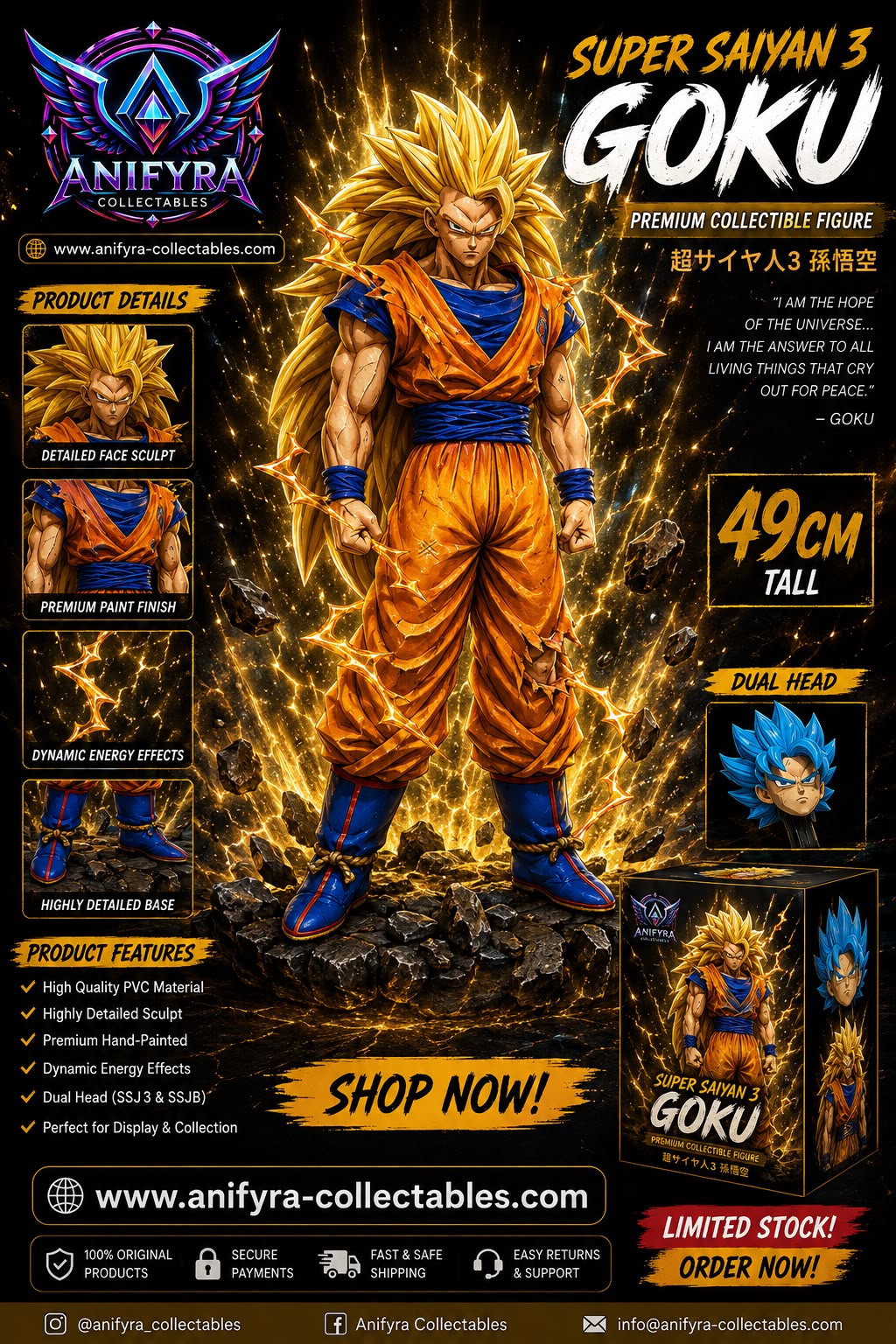 Dragon Ball GT Super Saiyan 3 Goku Deluxe PVC Figure – 49 cm Premium Anime Collectible Statue with Dual Heads