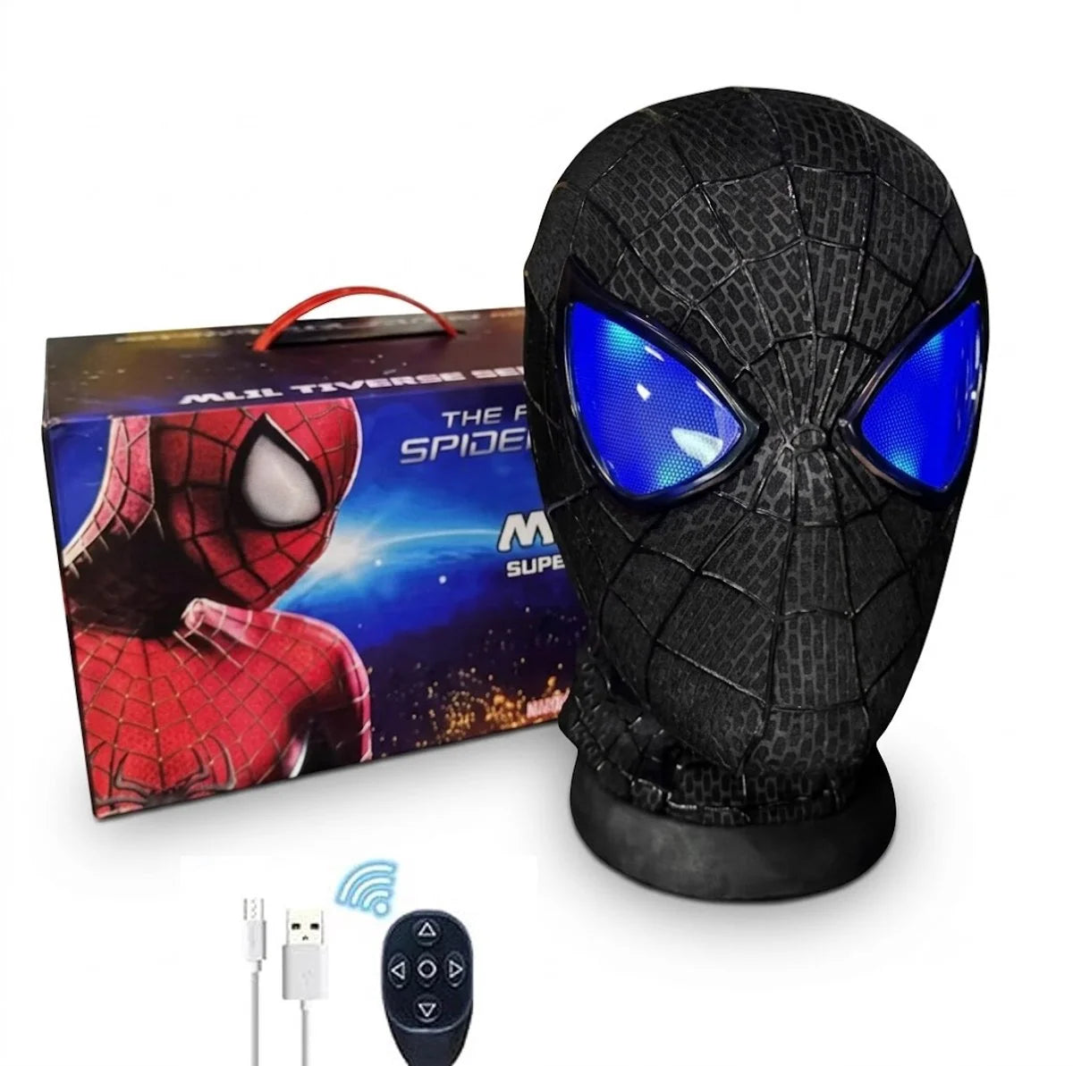 The Amazing Spider-Man 2 Andrew Garfield black textured replica mask with blue LED eyes, remote control and USB cable