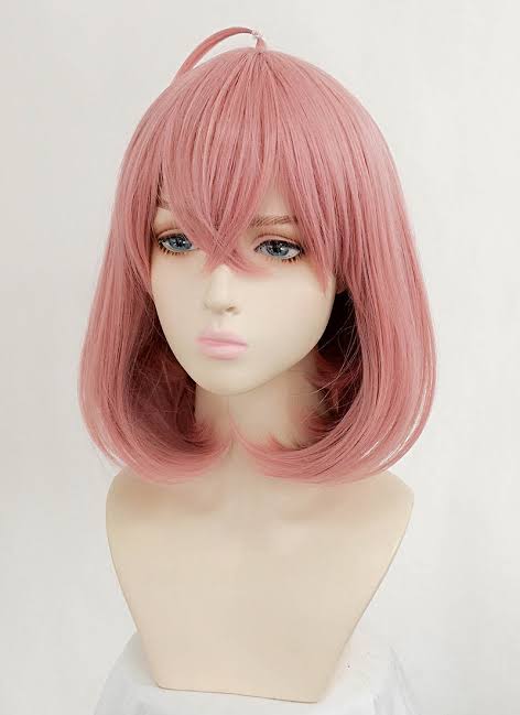 Front view of pink bob anime cosplay wig with fringe and ahoge
