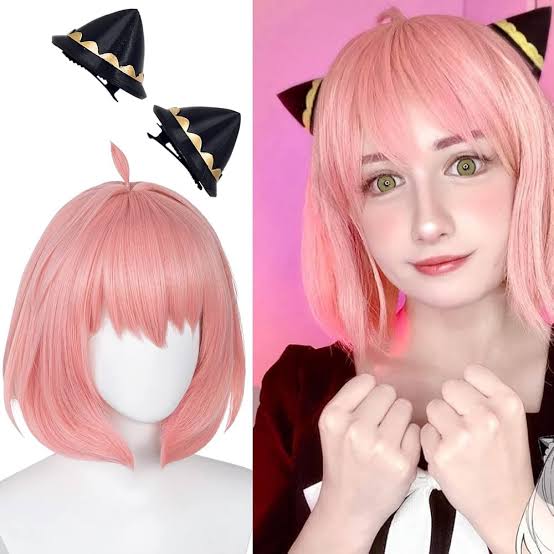 Pink Anya Forger cosplay wig and black decorative cat-ear accessories