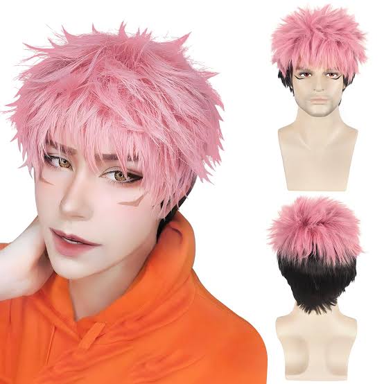 Pink and black spiky cosplay wig shown from front and back