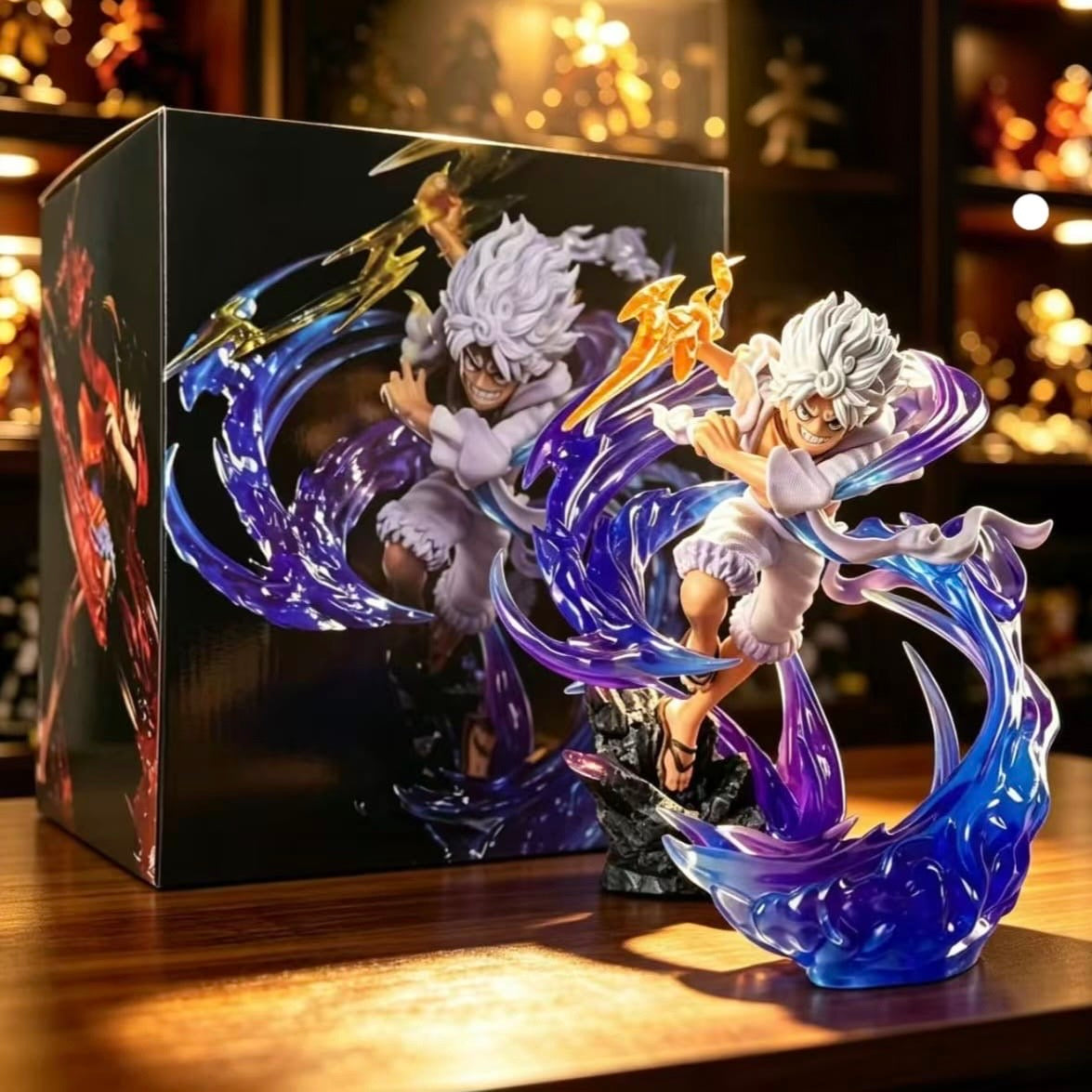 Monkey D. Luffy Gear 5 PVC anime figure with white hair and blue purple effect base