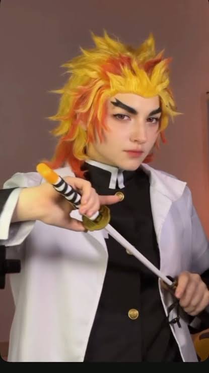Rengoku inspired yellow red cosplay wig styled for a cosplay look