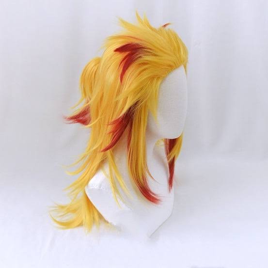 Side view of layered yellow and red flame-tip anime cosplay wig