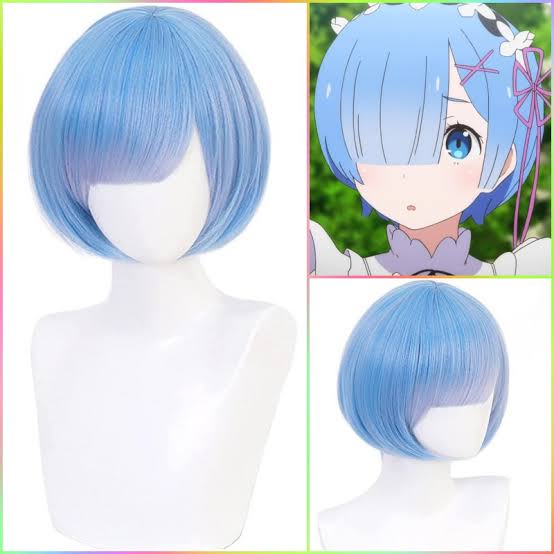 Front and back views of light blue Rem-inspired anime cosplay wig