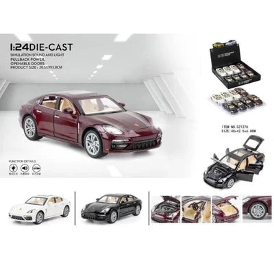 1:24 Porsche Panamera-Style Die-Cast Model Car – Pull-Back, Lights, Sound & Openable Doors
