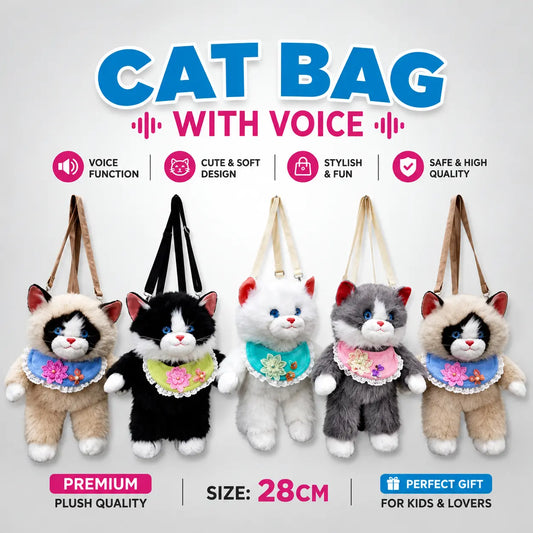 28cm Cat Plush Shoulder Bag with Voice Function – Cute Soft Stuffed Cat Sling Bag