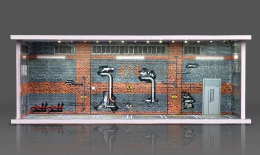 1:64 Automotive Parking Diorama – Industrial Garage Scene with LED Lighting, 30 × 13 × 11 cm