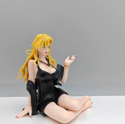 Blonde Anime Girl Figure – 11cm PVC Seated Female Anime Collectible with Black Outfit