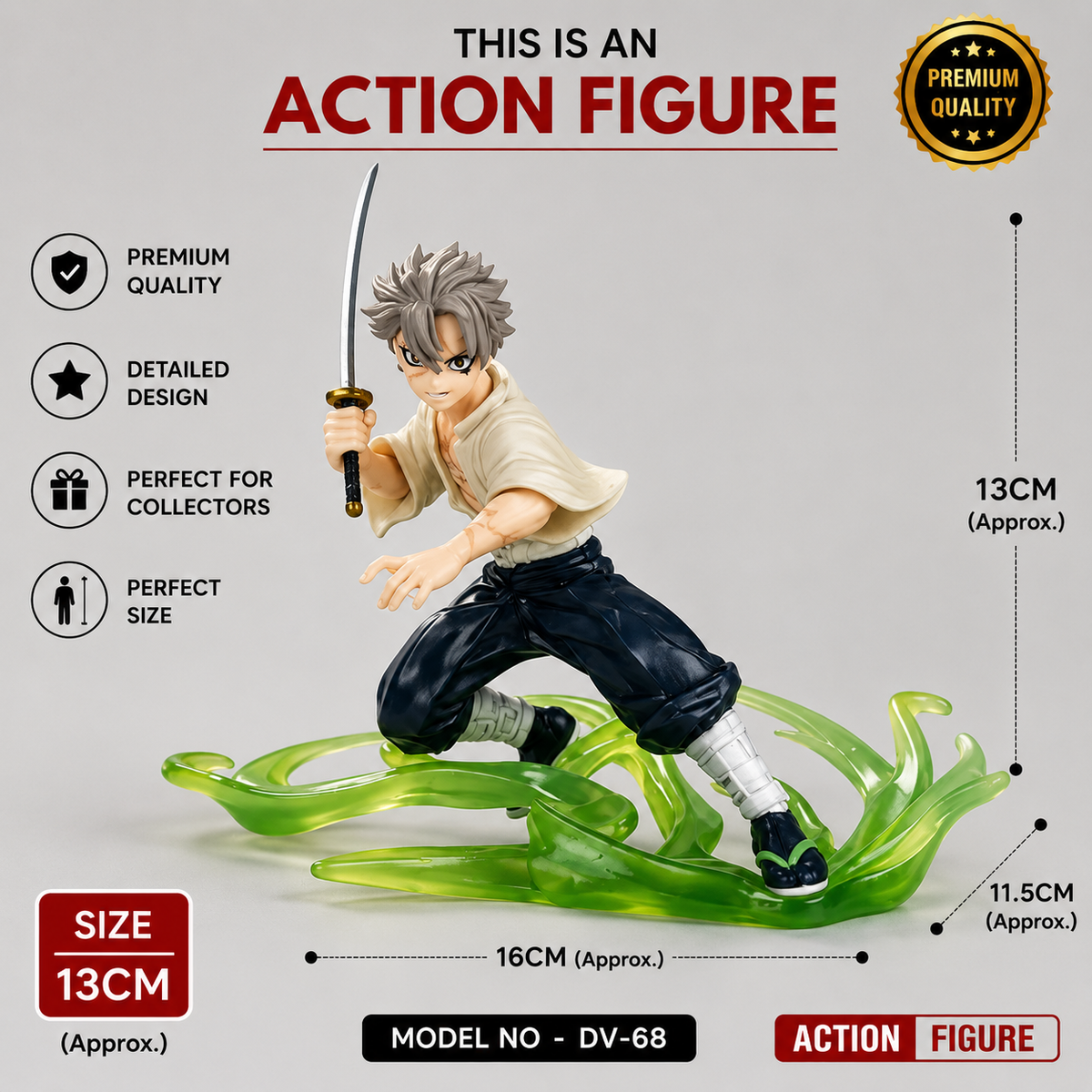 Hyakkimaru PVC Figure 13cm – Dororo Anime Collectible Display Statue with Green Effect Base