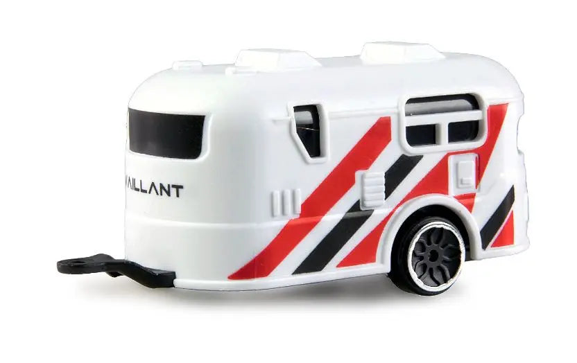 Mini Travel Trailer Camper Model – White Recreational Caravan with Open Door