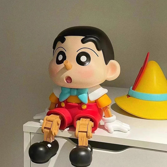 Crayon Shin-chan Pinocchio PVC Figure | Sitting Collectible Anime Statue with Tree Stump Base (15.5 cm)