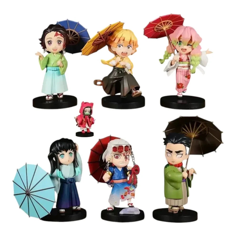 Demon Slayer 7-Piece Rainy Season Figure Set – Tanjiro, Nezuko, Rengoku, Giyu, Shinobu & More PVC Chibi Collectibles