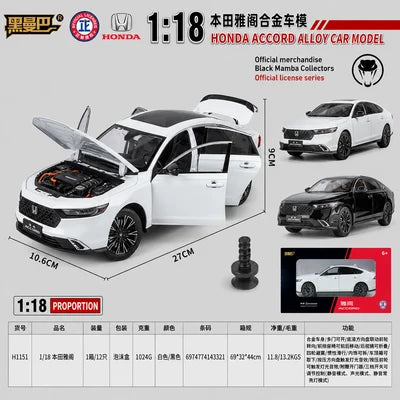 Honda Accord 1:18 Die-Cast Model Car – White Alloy Sedan with Opening Doors & Hood