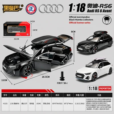 Audi RS 6 Avant 1:18 Die-Cast Model Car – Black Alloy Estate with Roof Box
