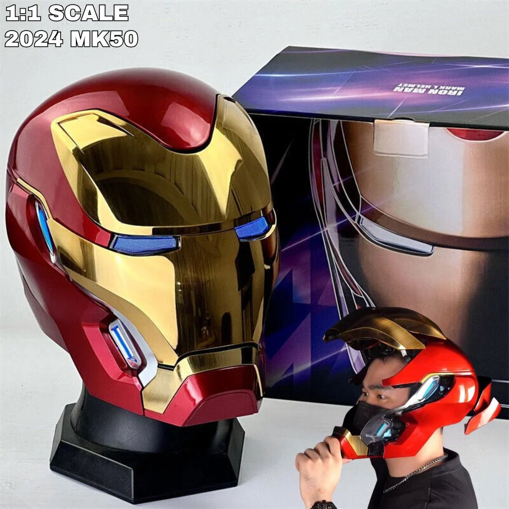 Iron Man MK50 red and gold life-size helmet with illuminated blue details