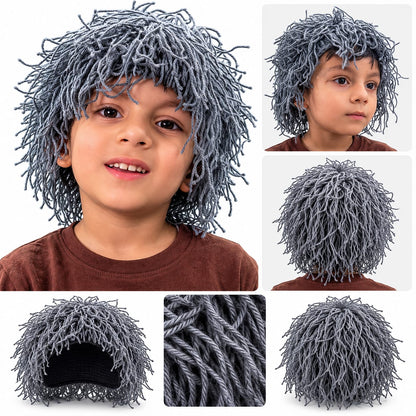 Grey toddler woollen knitted cosplay wig front and back view