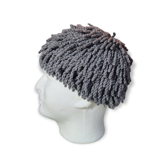 Grey woollen knitted cosplay wig side view