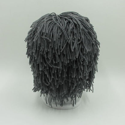 Grey woollen knitted cosplay wig back view