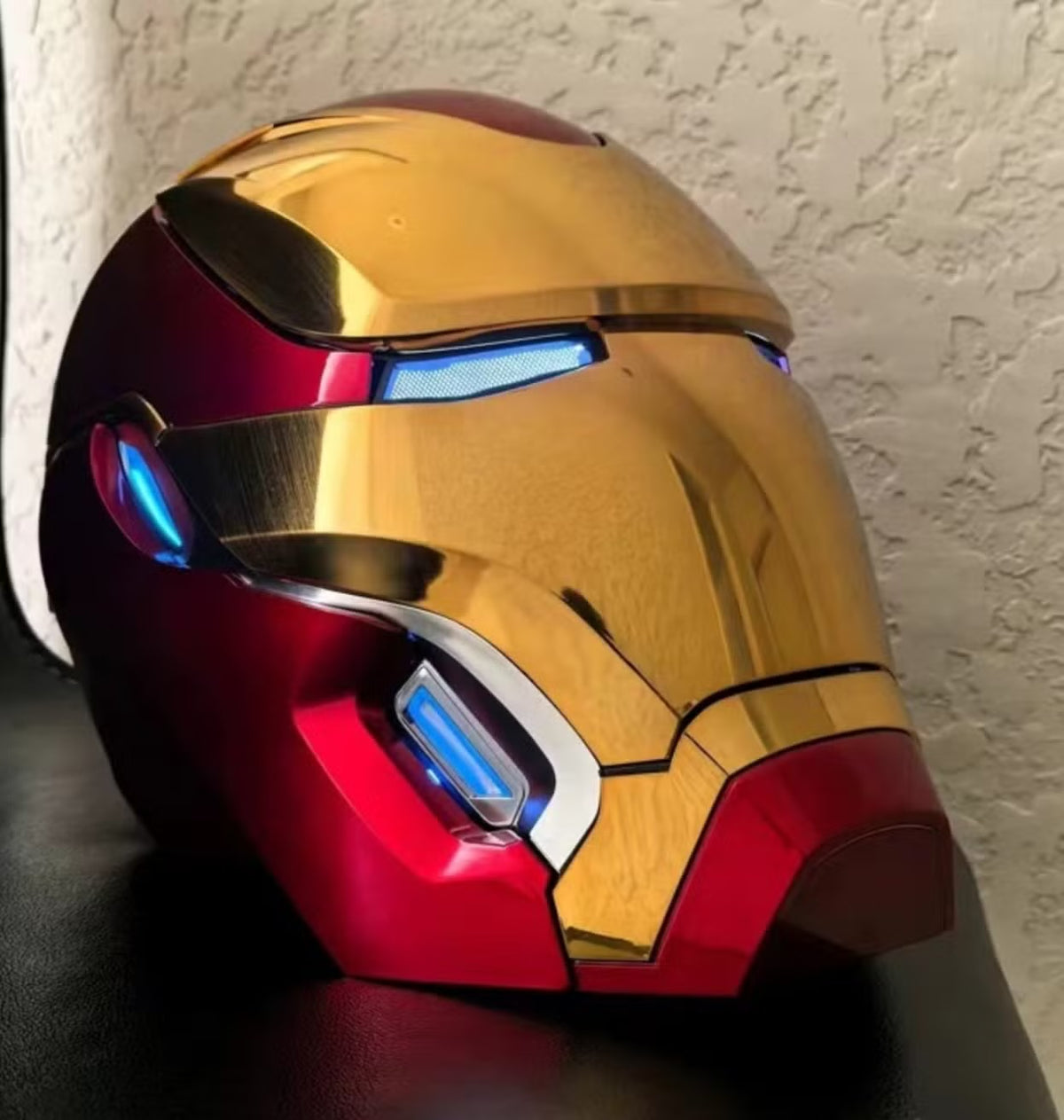 Close-up of Iron Man MK50 red and gold helmet