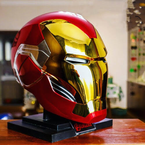 Iron Man red and gold helmet display view