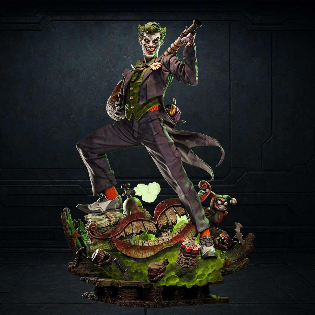 The Joker statue product render on a dark display background