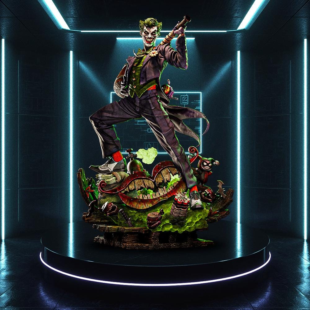 The Joker statue product render in a display environment