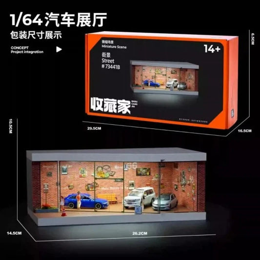 1:64 Red Brick Exhibition Hall Diorama – Miniature Display Scene for Die-Cast Model Cars