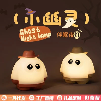 Cute Ghost Night Lamp with Cowboy Hat – LED Bedside Table & Bedroom Light