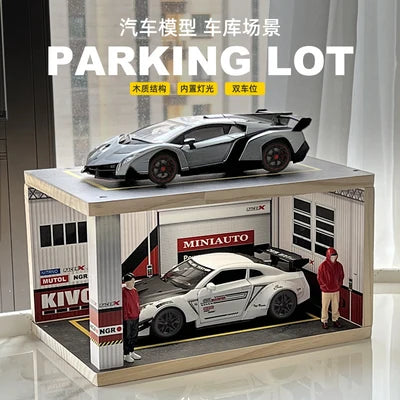 Racing Garage Parking Lot Diorama – 2-Level Miniature Car Display with Interior & Exterior Lighting