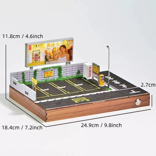 1:64 Japanese Parking Lot Diorama with Built-In Lighting – DIY Miniature Car Display Scene