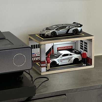 Racing Garage Parking Lot Diorama – 2-Level Miniature Car Display with Interior & Exterior Lighting