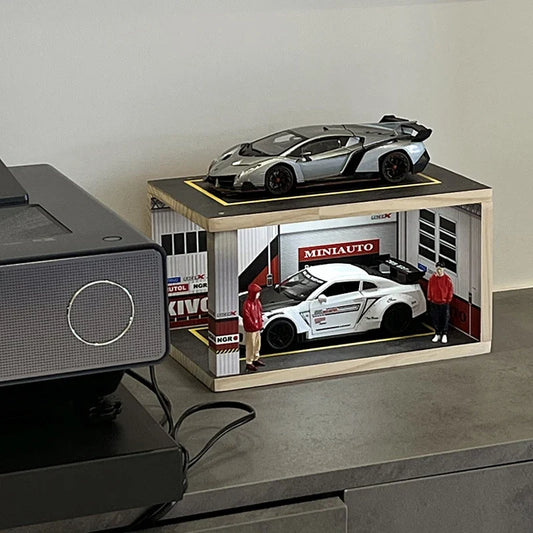 Racing Garage Parking Lot Diorama – 2-Level Miniature Car Display with Interior & Exterior Lighting