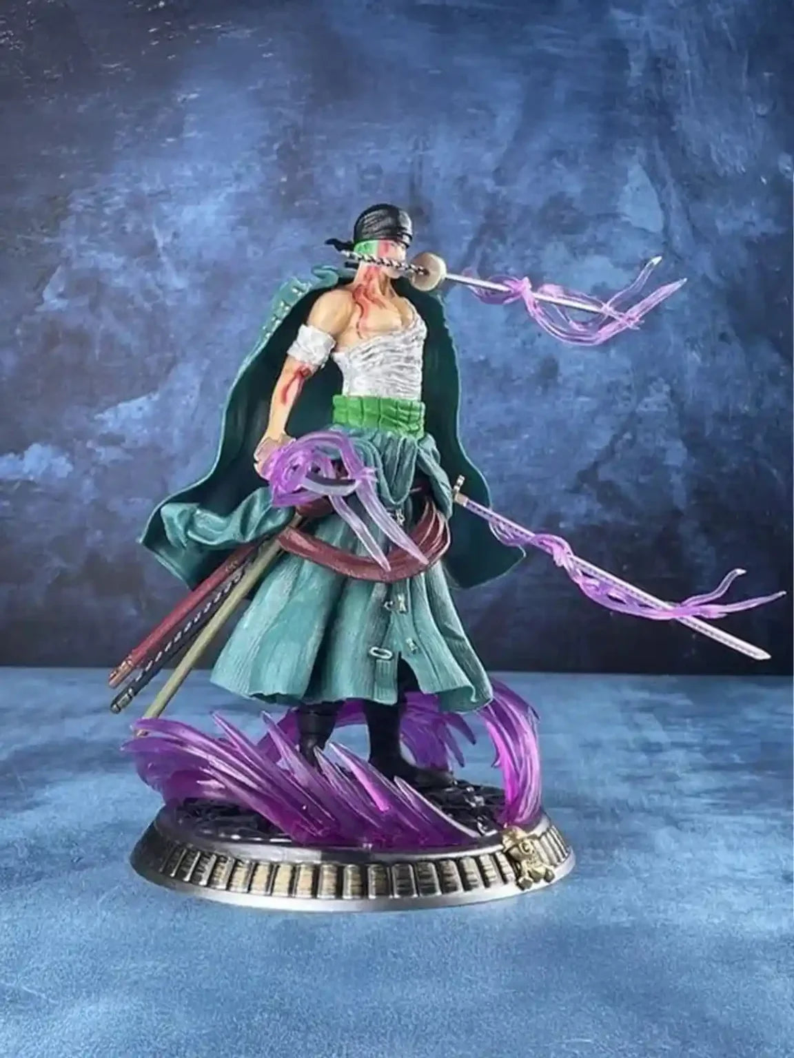 One Piece Roronoa Zoro Three-Sword Style Figure – Dynamic Battle Statue with Purple Effects
