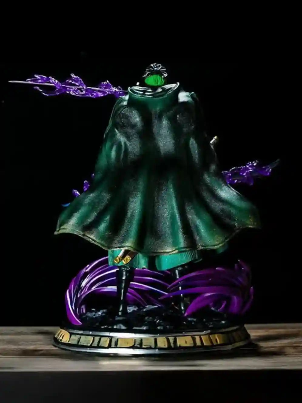 One Piece Roronoa Zoro Three-Sword Style Figure – Dynamic Battle Statue with Purple Effects