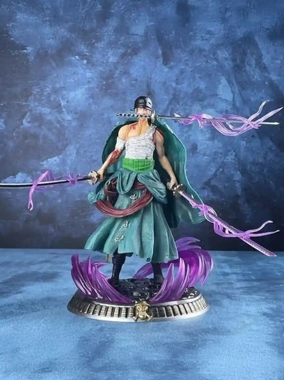 One Piece Roronoa Zoro Three-Sword Style Figure – Dynamic Battle Statue with Purple Effects