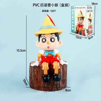 Crayon Shin-chan Pinocchio PVC Figure | Sitting Collectible Anime Statue with Tree Stump Base (15.5 cm)
