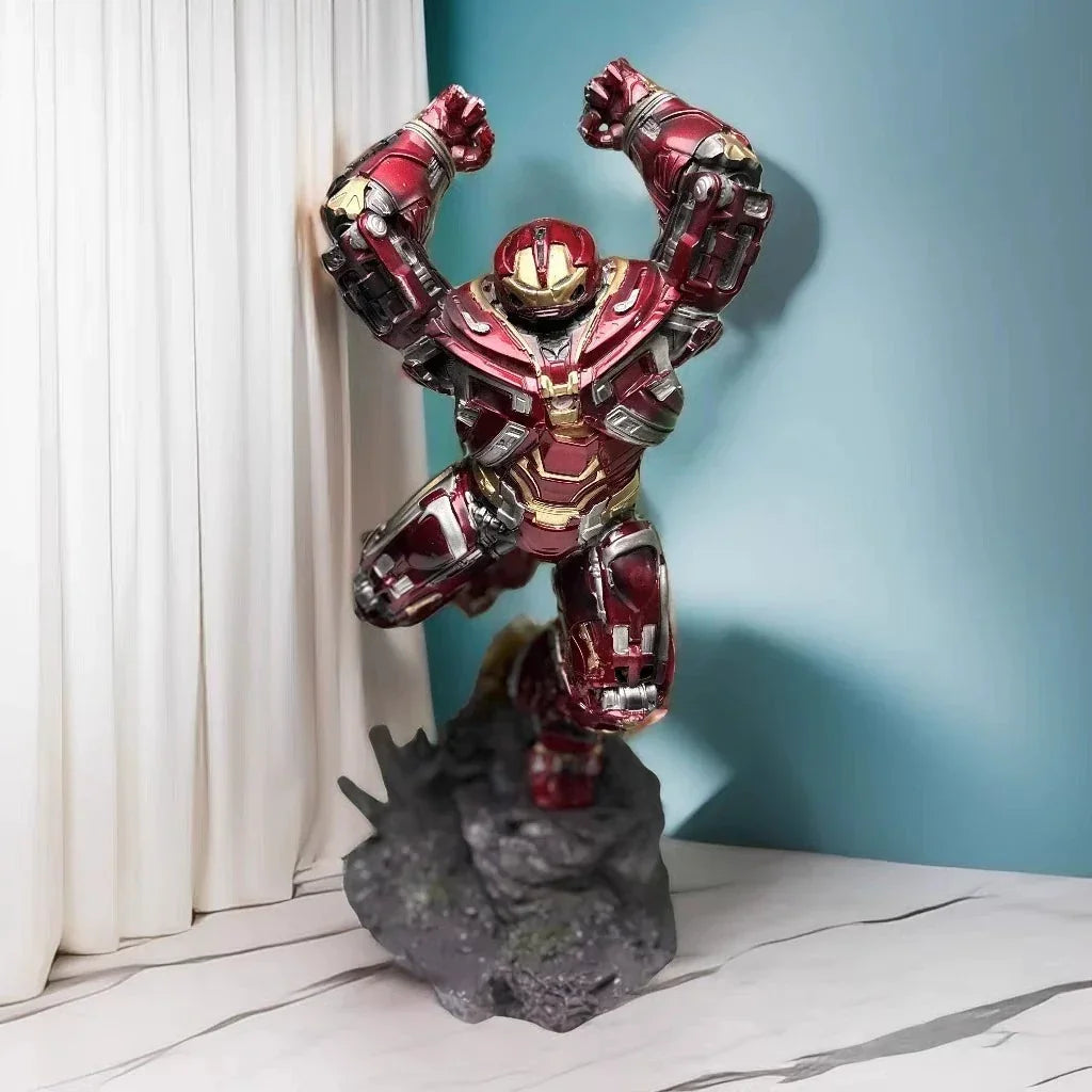 Hulkbuster battle-damaged statue raised-arm pose in display setting