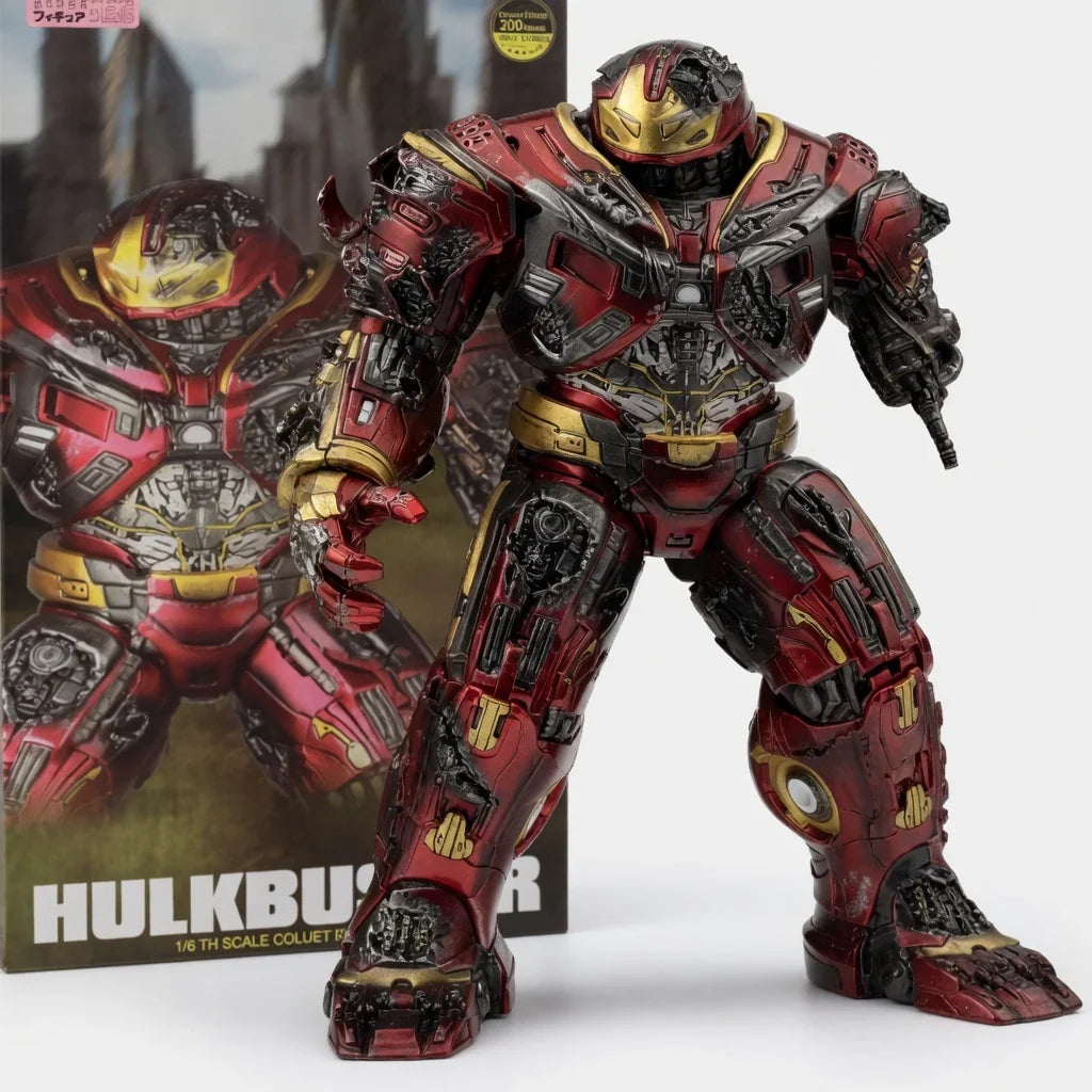 Hulkbuster prototype-style collectible figure beside display packaging