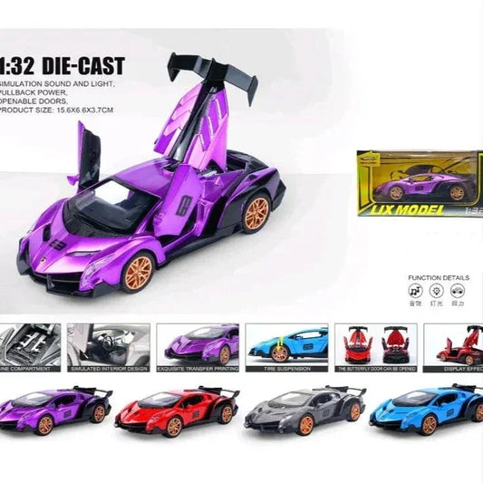 1:32 Lamborghini-Style Die-Cast Model Car – Purple Supercar with Openable Doors & Pull-Back