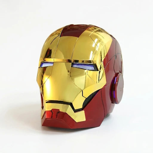 Red and gold Iron Man helmet replica front view