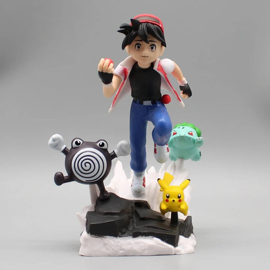 Pokémon Trainer Red Diorama with Pikachu, Bulbasaur & Poliwrath – Pokémon Collectible Statue