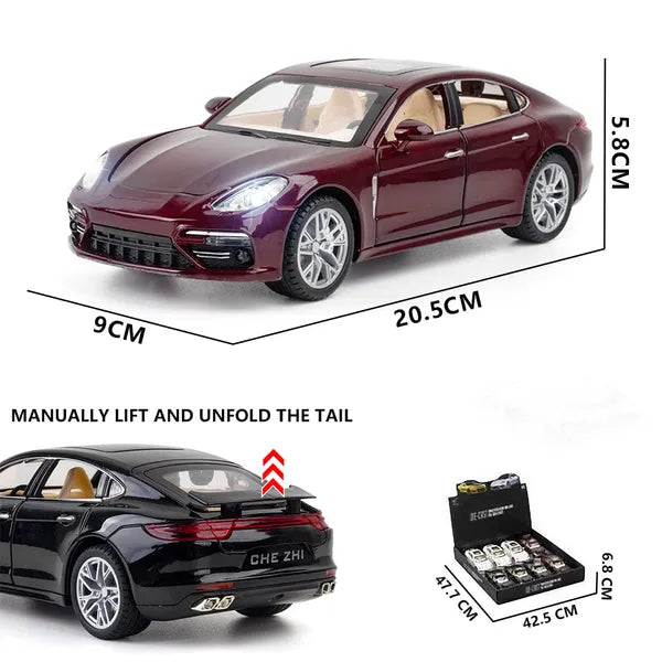 1:24 Porsche Panamera-Style Die-Cast Model Car – Pull-Back, Lights, Sound & Openable Doors