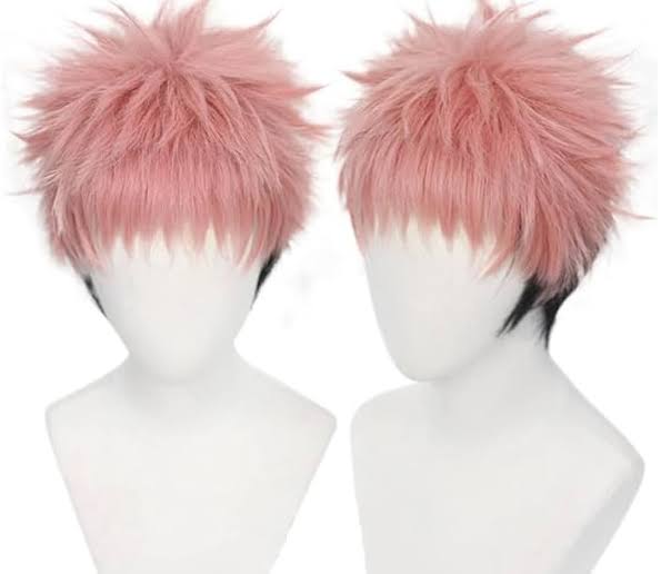 Pink spiky cosplay wig with black lower layer shown on mannequin heads