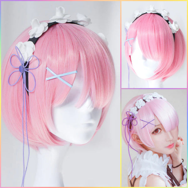 Styled pink bob cosplay wig with decorative headband and hair ornaments
