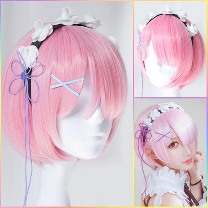 Styled pink bob cosplay wig with decorative headband and hair ornaments