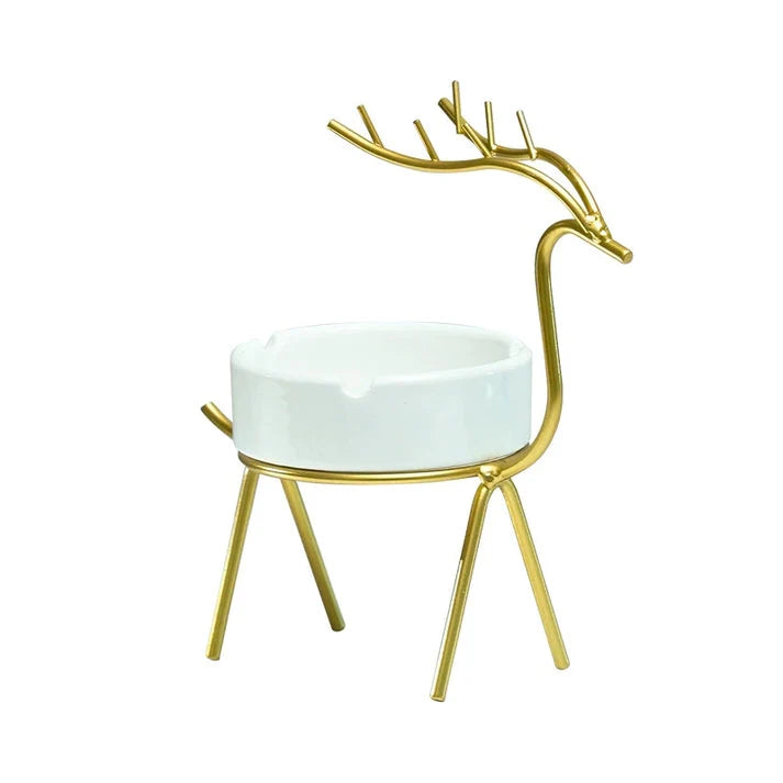 White ceramic ashtray with gold reindeer metal stand